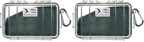 PELI 1040 Watertight Shockproof Box to Protect Smartphone and Small Belongings, IP67 Watertight and Dustproof, 2L Capacity, Made in US, Clear/Black Liner (Pack of 2)