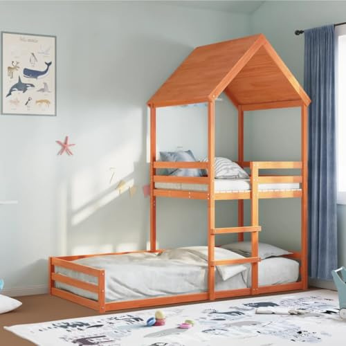 Ziaphsol Etagenbett mit Dach, Wachsbraun 80x200 cm, Massivholz Kiefer, Robustes Kinderbett Gestell, Möbel für Schlafzimmer