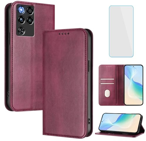 Handyhülle für ZTE Nubia Red Magic 11 Pro/RedMagic 11 Pro+ Bordeaux | Hülle mit Panzerglas,RFID Schutzhülle,Kartenfach,Klapphülle,Stoßfest Vintage Lederhülle für RedMagic 11Pro Plus 11Pro+