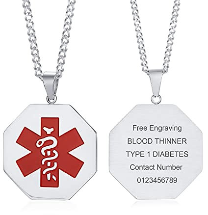 VNOX Edelstahl Achteck Tag Medical Alert ID Anhänger Halskette,Freie Gravur