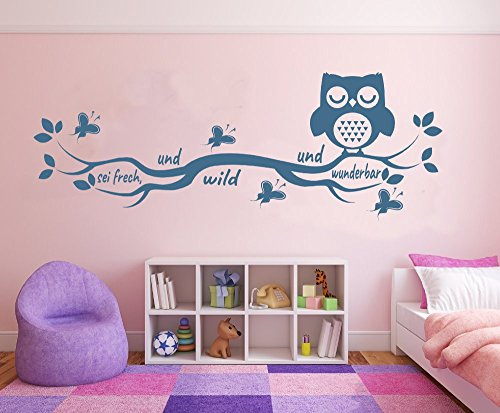 tjapalo® Wandtattoo Kinderzimmer Spruch sei frech uns wild und Wunderbar Astrid Lindgren mit Eule S-pk69 (B58 x H21 cm (mini))