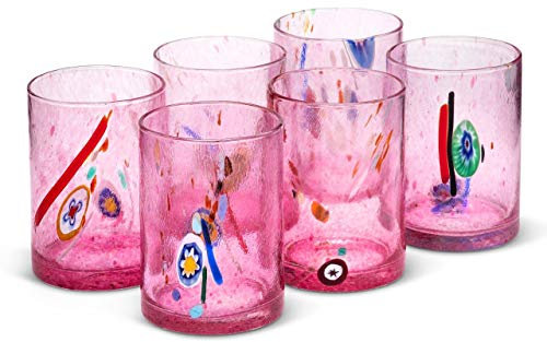 SWEET HOME Set 6 Bicchieri in Vetro Soffiato Rosa con Murrine Stile Murano cod.BC00935HD cm 11h diam.7,5 by Varotto & Co.
