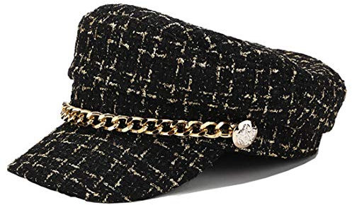 Damenhut, Karomuster, Tweed, Newsboy-Baker-Boy, Kapitän, Seemann, Fischerhut, Schirm, Baskenmütze mit Kette, Schwarz, Einheitsgröße