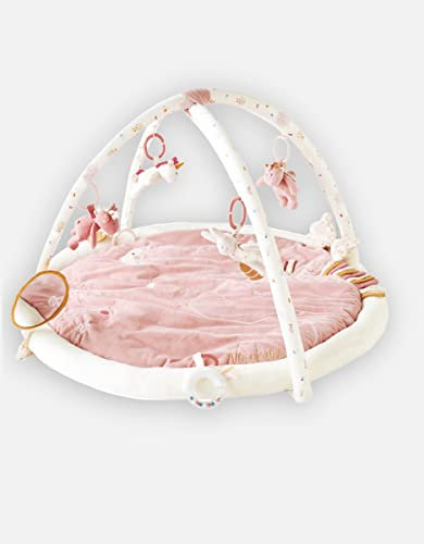 NOUKIE'S – Tapis d'Éveil Bébé Veloudoux Lina & Joy – Tapis d’Activités Sensoriel avec Jouets Suspendus – Motricité, Développement Éveil – Lavable Machine - Naissance - Cadeau