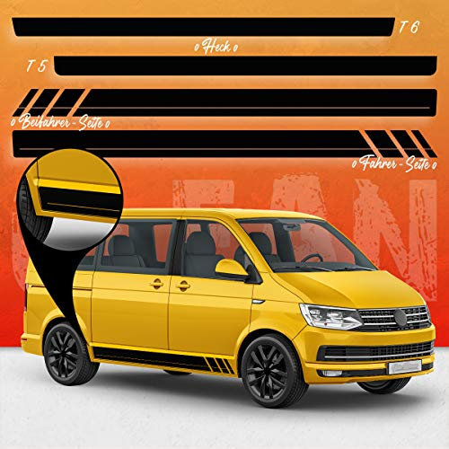 Auto-Dress Seiten-Streifen Aufkleber Set/Dekor passend für VW T4, T5 & T6 Bus - Motiv: CLEAN Racing (111M Black Matt, Langer Radstand)