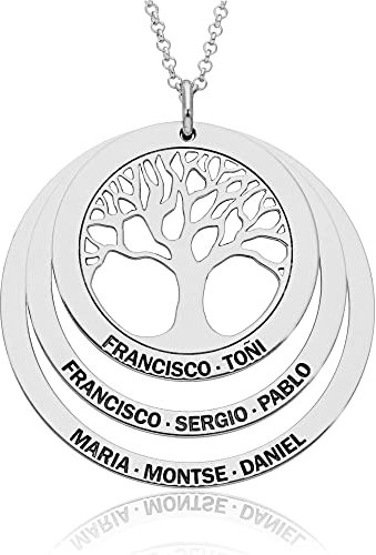 Collar Arbol de la Vida Personalizado para Mujer en Plata de Ley - con Cadena de 45 cm + Alargador - Regalo Original para Madres y Abuelas (Collar Arbol + 2 Aros Plata)