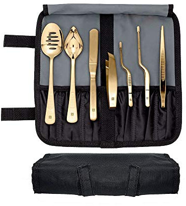DOJA Barcelona | Kit Emplatar Chef | Color: Dorado | 7 Utensilios de Cocina Profesional | Pinzas, Cuchara Perforada, Pinzas Desespinar Pescado, Chef Art Pencil, Espatula | Set Emplatado Cocinero