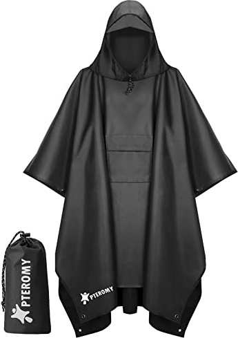 PTEROMY 3-in-1 Hooded Rain Poncho for Adult with Pocket, Waterproof Lightweight Unisex Raincoat for Hiking Camping Emergency (Black)