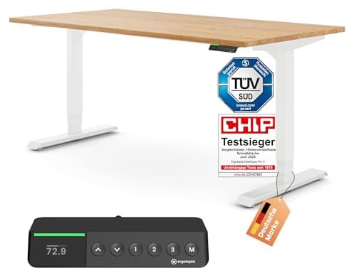 Ergotopia Desktopia Pro X Elektrisch höhenverstellbarer Schreibtisch, Ergonomischer Stehtisch für Büro oder Home Office (Eiche Echtholz, Gestell Weiß, 120 x 80 cm)