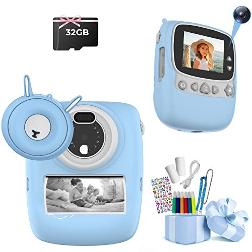 Cámara Digital Infantil, 30 MP, instantánea, impresión en Blanco y Negro, Foto con Pantalla de 1080P de 2,4 Pulgadas, para niños con Tarjeta TF de 32 G, Doble cámara, Azul