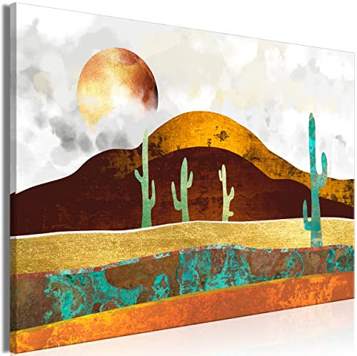 decomonkey Akustikbild Landschaft 120x80 cm 1 Teilig Leinwand Modern Bilder Wandbilder XXL Schallschlucker Schallschutz Akustikdämmung Wandbild Deko Leise Modern Abstrakt Kaktus Sonne Berge