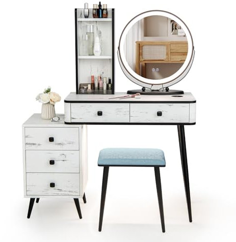 Multigot Dressing Table with Mirror and Stool, Vanity Table with Detachable LED Mirror, Charging Function, 5 Drawers & Storage Shelves, Modern Dressing Desk Set (White, Round Mirror)