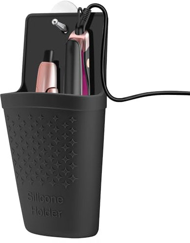 CROWATTS Heat Resistant Silicone Hair Iron Mat and Pouch,Portable Travel Hair Straightener Mat and Holder for Hair Styling Tools,Can Be Fixed to Dressing Table with Stainless Steel Hook.(Black)