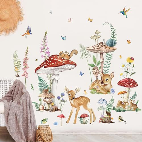 wondever Wandtattoo Waldtiere Hirsch Wandaufkleber Groß Pilze Blumen Wandsticker Wanddeko für Kinderzimmer Babyzimmer Schlafzimmer