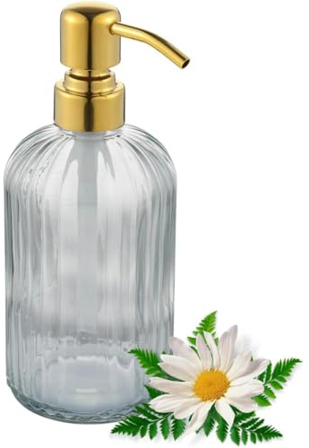 GULICA Seifenspender aus Glas, gebürstetes Gold, für Küche und Bad, schwere Glasflasche, 425 ml, Edelstahlkopf