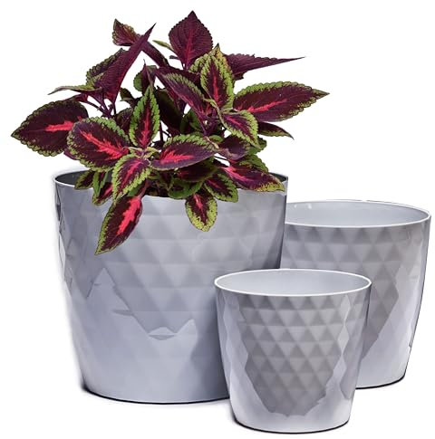 Lot de 3 Pots de Fleurs Décoratifs Intérieur/Extérieur - Gris 14/16/18 cm - Surface en Cristal Brillant - Plastique