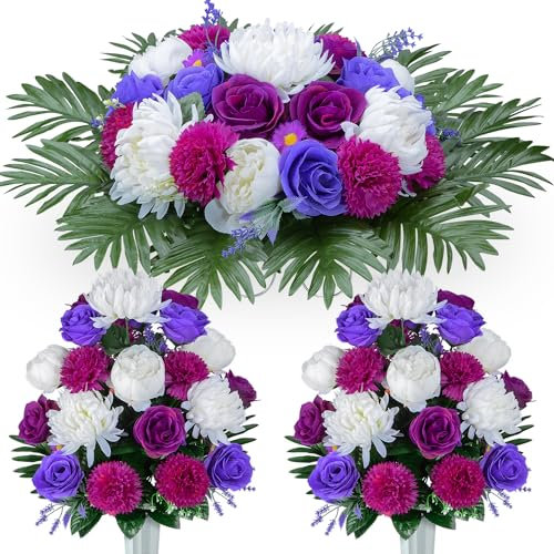 AOFOX Künstliche Friedhofsblumen für Grab, Künstliche Pfingstrose Rose Blumen Sattel für Grabstein Grabstein Grabstein Außendekoration (1 Blumen Sattel,2 Blumen Blumensträuße mit Vase)