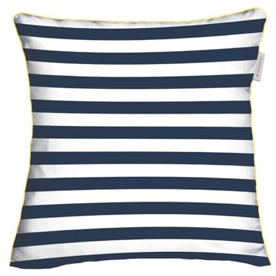 TOM TAILOR Perkal-Kissenhülle, 40x40 cm, 100% Baumwolle/ Perkal, mit Wendemotiv, Kissenbezug mit farbiger Paspel und Markenreißverschluss, STRIPES WITH A KICK Blau, Beige (Dark Navy & Sunny Sand)