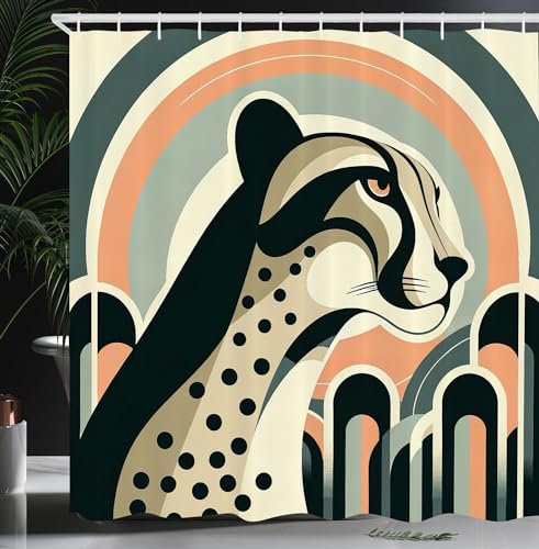 ABAKUHAUS Gepard Duschvorhang, Pastell Mid Century Modern Minimal Vertikale Ovale und Wild Animal, Stoffliches Gewebe Badezimmerdekorationsset mit Haken, 175 x 200 cm, Pfirsich Grau-Teal Eierschale