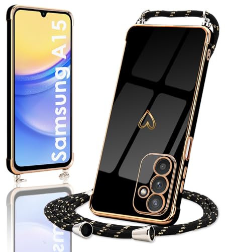 Micoden Handykette für Samsung Galaxy A15 4G/5G Hülle, Necklace Handyhülle mit Band Kameraschutz Herz Love Design Galvanik Silikon TPU Case Kordel zum Umhängen Schutzhülle für Samsung A15,Schwarz