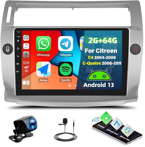 2G+64G Autoradio CAMECHO Android 13 para Citroen C4 2004-2009/C-Quatre 2008-2011, Pantalla de 9 con Inalámbrico Apple Carplay Android Auto Bluetooth/GPS/WiFi/FM/RDS/SWC+Cámara de Visión Trasera