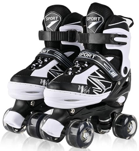 LOKJIJI Rollschuhe für Kinder Jungen Mädchen Anfänger, Einstellbar 4 Größen für Kinder und Jugendliche Teenager, Quad Schwarz & Weiß Rollschuhe für Sport (Small_28-32 EU)