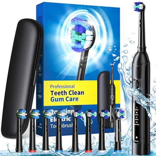 Rotierende elektrische Zahnbürste für Erwachsene mit 8 Bürstenköpfen (2 Typen), 4 Modi Deep Clean elektrische Zahnbürste mit 2m Smart Timer (Schwarz with travel case)