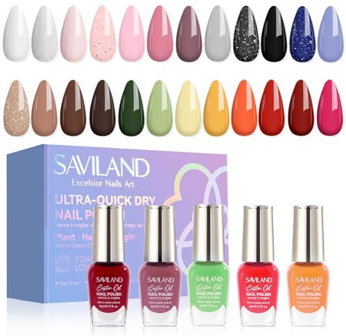 SAVILAND 24-Color Nail Polish Set: Ultra Quick Dry Regular Nail Polish Kit Long-Lasting Nail Varnish with Base & Top Polish Coat Glitter Pink Red Brown Color Nail Varnish Set for Women Nail Art DIY
