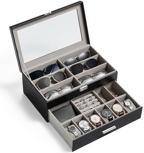 Lifewit Custodia Occhiali Rigida Uomo, Porta Occhiali da Sole Multiplo, Scatola Porta Occhiali con Cassetto, Scatola Orologi Orologi per Carte, Anelli, Spille, Fermacravatta, Nero