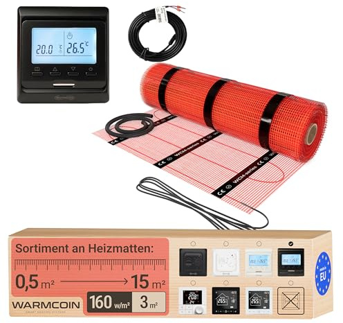Elektrische Fußbodenheizung Heizmatten-Set mit Digital-Thermostat 3 m² | Programmierbares Raumthermostat mit LCD; Elektro-Flächenheizung 160 W/m², selbstklebend, Bodenfühler; für Fliesen