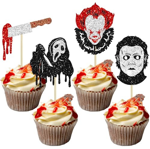 Ephlyn 24Pcs Halloween Horror Movie Cupcake Toppers Horror Bloody Knife Cupcake Picks Killer Cupcake Decorations for Horror Classic Movie Theme Birthday Halloween Party Cake Decorations Supplies