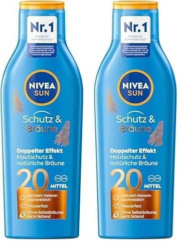 NIVEA SUN Schutz & Bräune Sonnencreme LSF 20 (200 ml), Sonnenmilch mit Pro-Melanin-Extrakt für eine ebenmäßige Bräune, sofortiger Sonnenschutz mit UVA/UVB-Filtersystem (Packung mit 2)