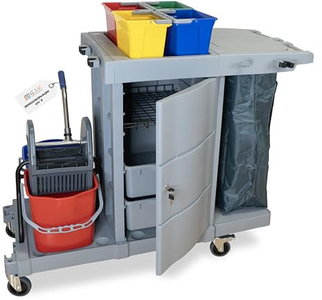 G.I.V. - Reinigungstechnik stabiler Reinigungswagen, verschließbarer Putzwagen - Wischwagen mit Vertikalpresse, Dauerabfallsack, feststellbare Räder, Halterungen, 2x18L Eimer, 4-Farbsystem Eimer je 6L