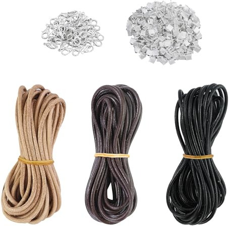 Lot de 3 rouleaux de cordon rond en cuir - 5 m x 2 mm - Pour bricolage, porte-clés, bracelets, bijoux