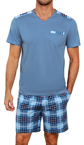Litherday Pyjama Homme Coton Été Court Ensembles de Pyjama Homme Short à Manches Courtes avec Col en V Vêtements de Nuit Hommes à Carreaux Deux Pièces Bleu XL
