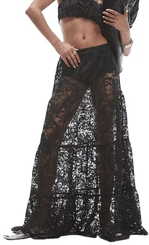ensswliz Women Tiered Sheer Lace Maxi Skirt High Waist See Through Floral Mesh Long Skirt Clubwear Party Flowy A-Line Skirt (A-Black, S)