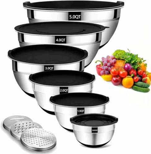 Beler Rührschüssel Set, 6 Stück Edelstahl Schüssel mit Deckel und Reibe, Salatschüssel-Set für die Küche mit Silikonboden, 3 Zerkleinerungsaufsätze, 4,7 L/3,8 L/2,8 L/1,9 L/1,4 L/0,6 L