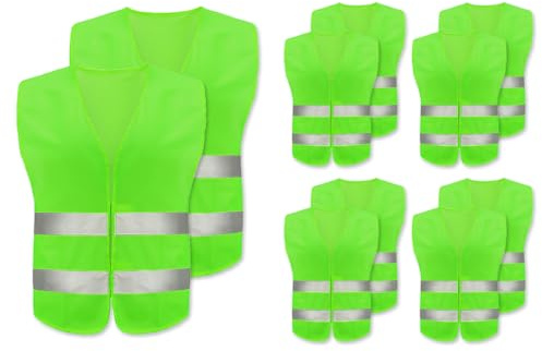 Abiyou 10PCS Warnweste, Reflektierende Sicherheitswesten,360 Grad Reflektierenden Streifen Weste,Auto Reflektorweste,Neon Grün Reflektierend Warnweste,für Fahrern,Arbeitskräften,Erwachsene(Grün)