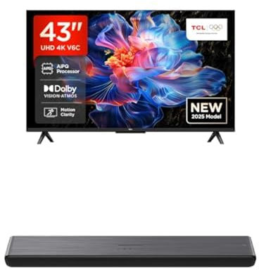 TCL 43V6C 43 Zoll Direct LED TV, 4K HDR Fernseher, Google TV Soundbar S45HE, 2.0-Kanäle, Dolby Atmos All-in-One