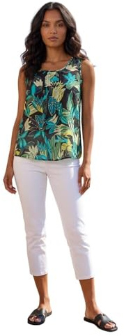 Roman Originals Leaf Print Pleat Front Vest Top for Women UK - Ladies Everyday Holiday Spring Summer Round Neckline Comfy Soft Evening Vacation Work Party - Green - Size 12