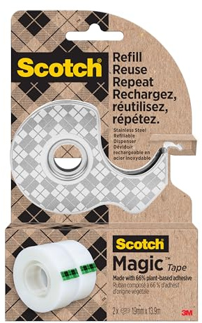 Scotch Edelstahl-Abroller, 1 Stück pro Packung + Magic Tape, 2 Rollen | Nachfüllbarer Metallabroller mit Universalklebeband; Mattes, Unsichtbares Finish und Beschreibbar
