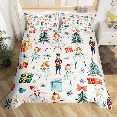 Homewish The Nutcracker Christmas Decor Duvet Cover Set Nutcracker Ballet Super King Bedding Set, Ribbon Bowknot Christmas Tree Quilt Cover Cute Cartoon Xmas Gifts Snowflake Bed Sets