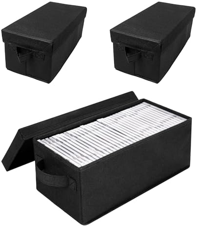 3 Stück CD/DVD Aufbewahrungsbox mit Deckel, 36x16x14cm, Stapelbar CD Tasche Behälter für bis zu 20 DVDs und 45 CDs, Faltbarer CD Boxen Aufbewahrung, CD Aufbewahrungshülle für Haus und Auto, Schwarz