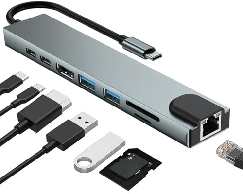 USB C Hub with Ethernet Adapter 8-In-1 Multiport USBC to Ethernet Adapter | USB A 3.0 2.0 Ports SD TF Card Reader 87W PD 4K 60HZ Hdmi USB Dock Hub Type C Docking Station for Macbook Ipad Laptops