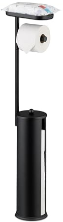 Relaxdays toilet roll holder, for 4 spare rolls, with shelf, metal, HxWxD: 91 x 22 x 14 cm, free-standing, black