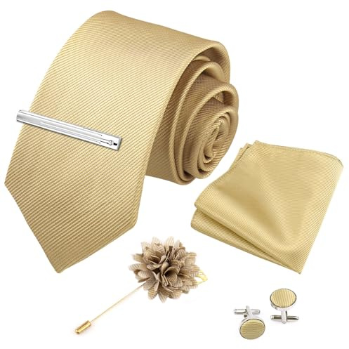 Xynovate Herren Fliege und Einstecktuch mit Manschettenknöpfe Set, Herren Hochzeit Krawatten und Einstecktuch Krawattenklammer Set für Hochzeit Sfeier Weihnachten Halloween，Gold
