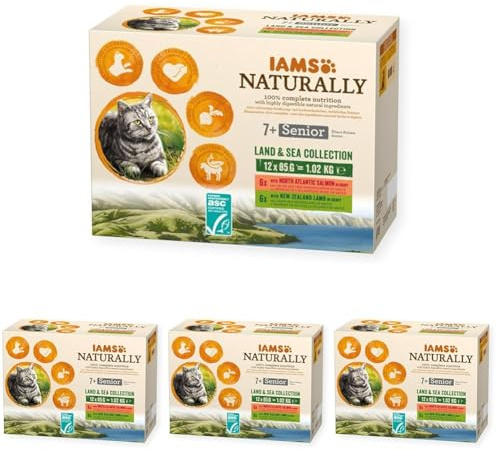 IAMS Naturally Senior Katzenfutter Nass in Sauce - hochwertiges Nassfutter mit Fleisch und Fisch für ältere Katzen, Land & Sea Collection, 12 x 85 g (Packung mit 4)