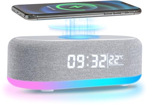 Jaxiyun Réveil Numérique à Chargeur sans Fil, Multifonctionnel Reveil Matin Enceinte Bluetooth, Reveil Lumineux avec la température, Horloge Digitale pour Table de Chevet