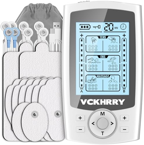 VCKHRRY Electroestimulador Muscular 3 en 1 TENS EMS, 36 Programas de Masaje | 20 Niveles de Intensidad 10 Electrodos TENS 2 Canales para Muscular Relajación, Recargable USB, para Espalda Piernas Hombros