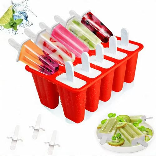 Ice Lolly Moulds, Lerryone Ice Cream Moulds 10 Pieces Reusable Silicone Popsicle Moulds, Food Grade BPA-Free Ice Pop Mould, Easy to Remove Ice Lolly Maker, Red